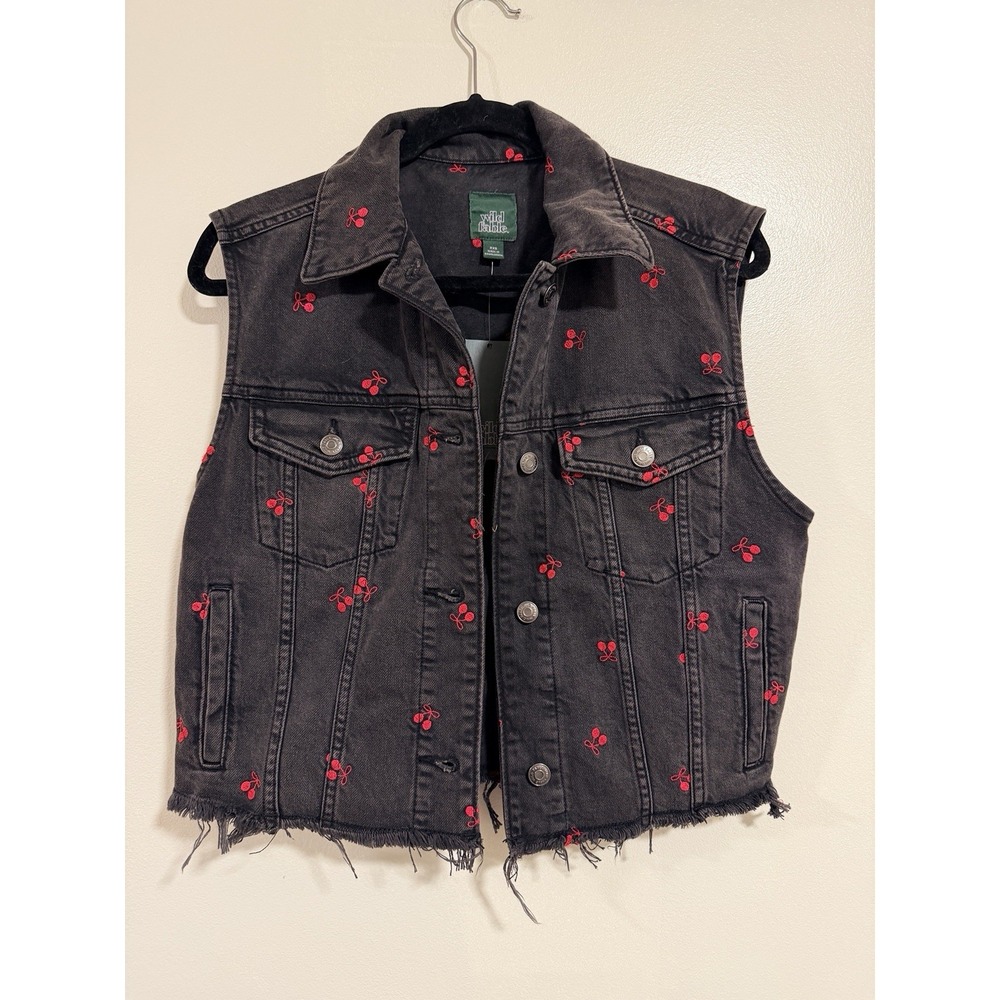 NWT Women's Denim Black Oversized Trucker Vest Cherries Streetwear Grunge